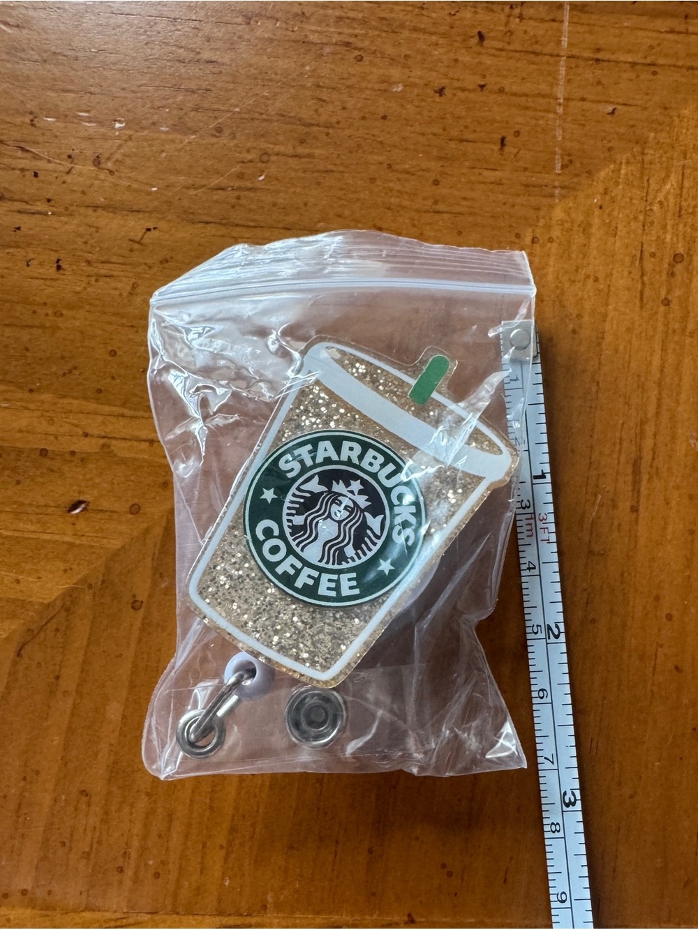 Glitter Coffee Cup Retractable Badge Reel ID Holder Gold Green